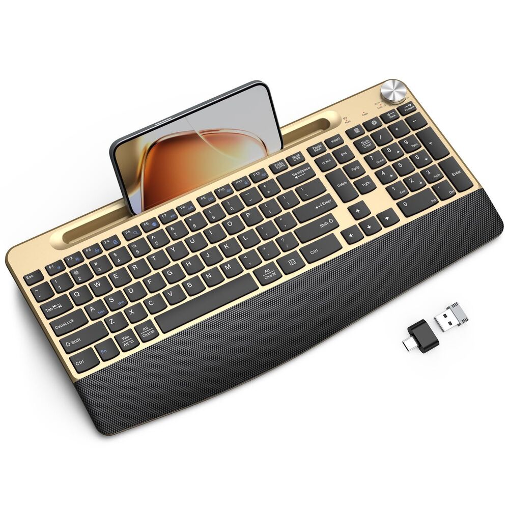 Ergonomic Wireless Keyboard with Wrist Rest, With Phone/Tablet Holder